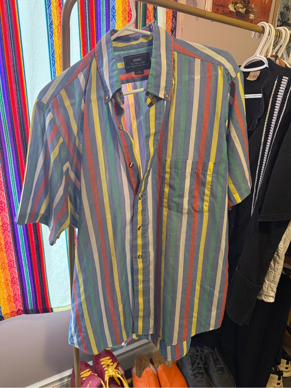 Sears Multicolor Vertical Stripe Short-Sleeve Button-Up Shirt